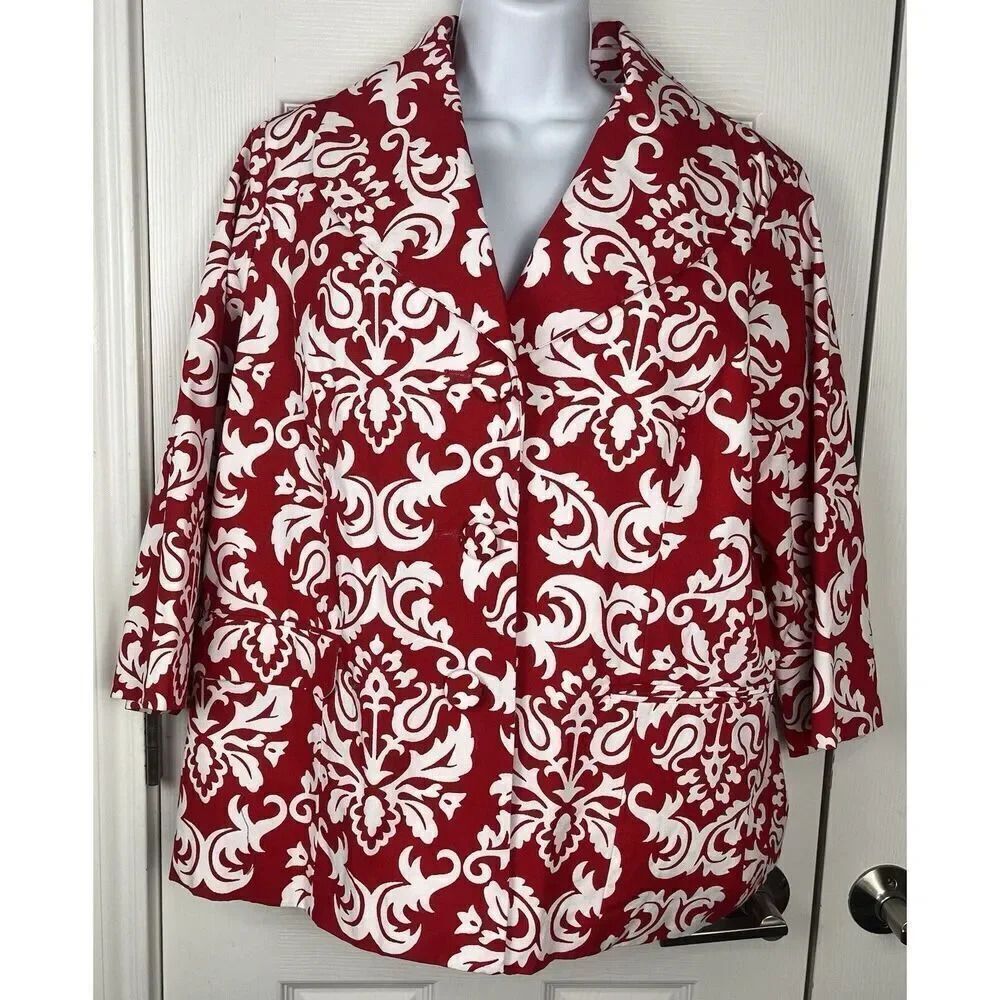 Dennis Basso Printed Cotton‎ Canvas 3/4 Sleeve Jacket Red Brocade Women’s Size L